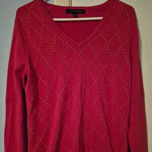 Tommy Hilfiger Red LS V-Neck Hotfix 100% Cotton Sweater Women's Size L NEW
